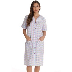 Dreamcrest Women's Seersucker Housecoat Duster - Short Sleeve Snap-Front with Pockets - 1 of 3