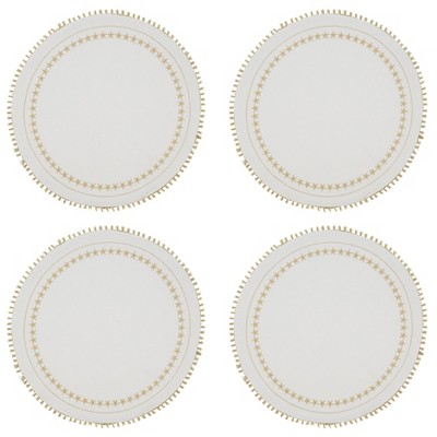 White and Gold Embroidered Stars Tassel Round Placemats, Set of 4