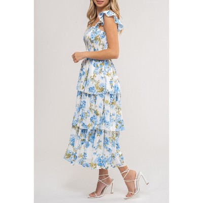 Blue Floral Polyester Sleeveless Midi Dress with Square Neck