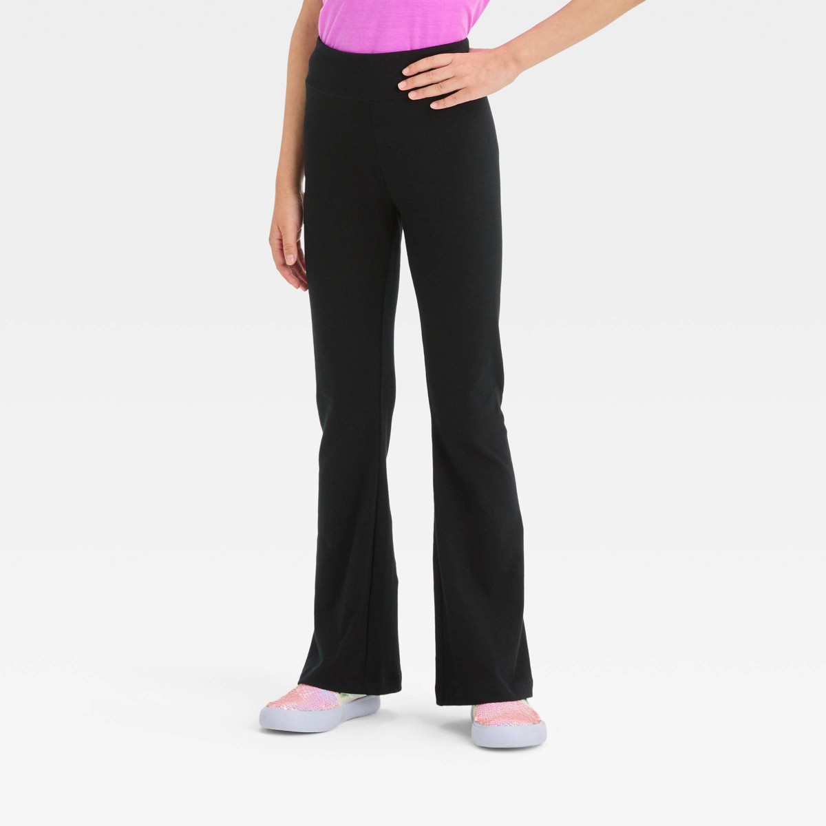 Girls' Flare Leggings - Cat & Jack™ Black M Slim: High Rise, Elastic Waist, Jersey Fabric