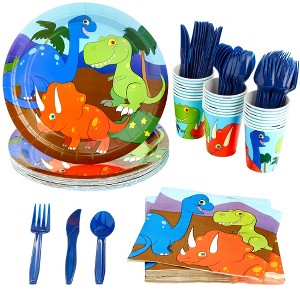 Juvale 144 Pieces Dinosaur Birthday Party Supplies with Plates, Knives, Spoons, Forks, Cups, and Napkins (Serves 24) - 1 of 4