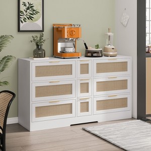 KTMBDW 9 Drawer Double Dresser for Bedroom, Rattan Chest of Dressers, Modern Wooden Dresser Chest with Golden Handles for Living Room, Hallway - 1 of 4