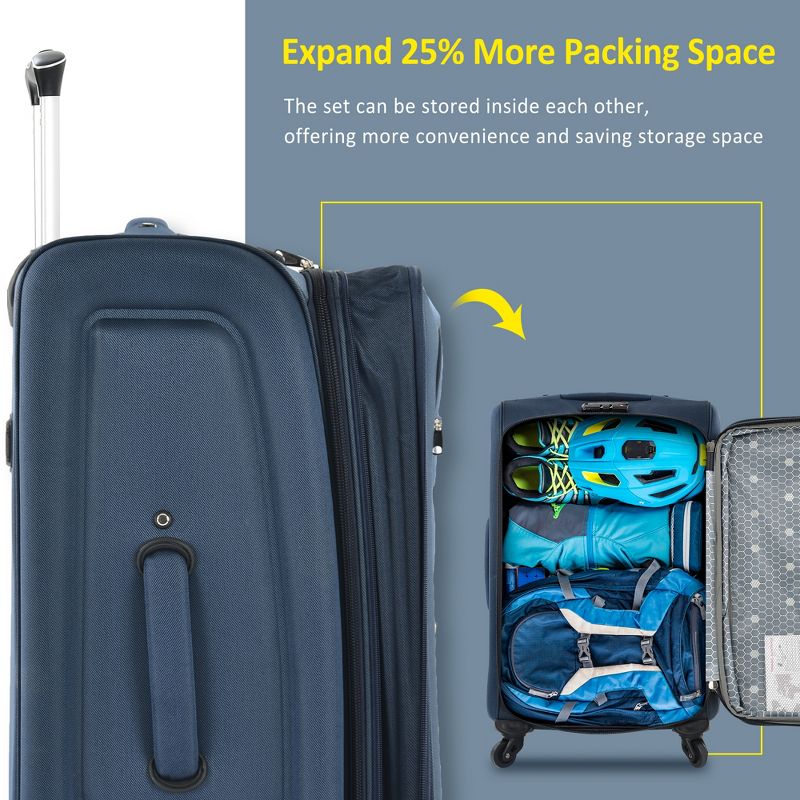 3 PCS Expandable Luggage Set, Softside Lightweight Spinner Suitcase with TSA Lock-ModernLuxe, 4 of 14