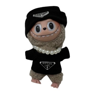 Elegant Black High-Fashion Sweater Set with Matching Hat and Pearl Necklace