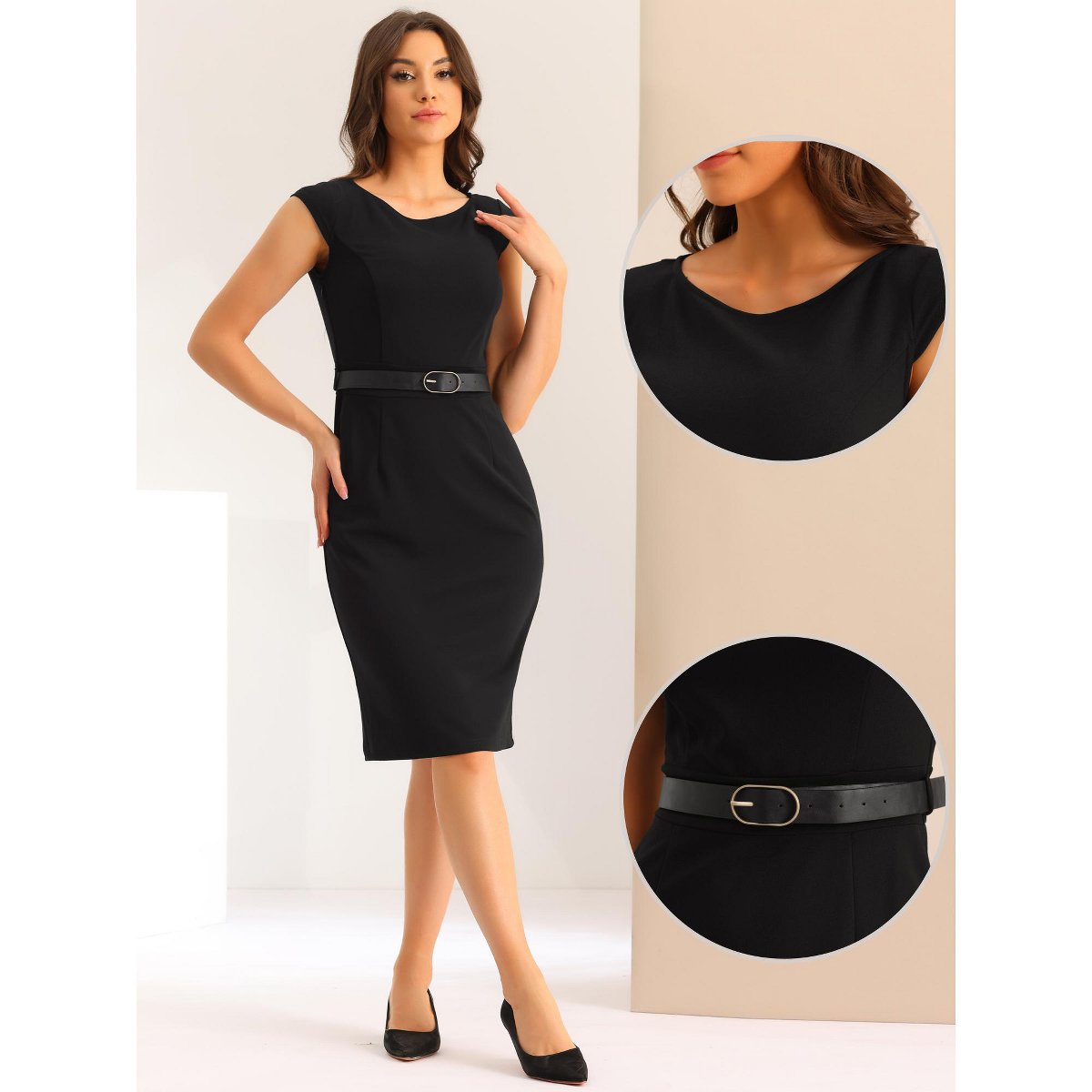Женские платья INSPIRE CHIC Women's Cap Sleeve Work Belted Elegant Sheath Dress Black Small — фото 2