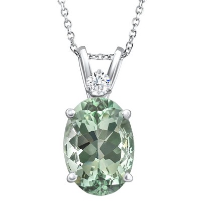 Pompeii3 Oval Green Amethyst Diamond Pendant Women's Necklace 18" White Gold - Size Medium