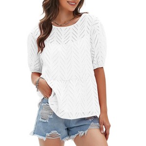EXLURA Women's Summer Tops Dressy Casual Short Lantern Sleeve Shirts Crew Neck Hollow Out Lace Embroidered Blouses Shirts - 1 of 4