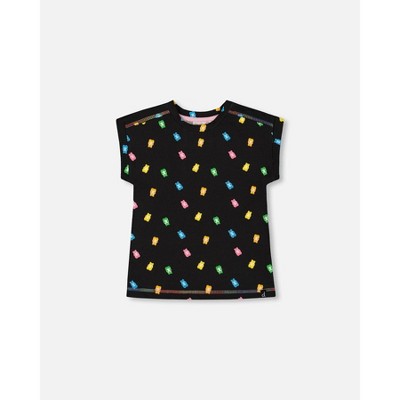 Deux par Deux Girl Rolled Sleeve Tee with Print Black and Multicolored Gummies