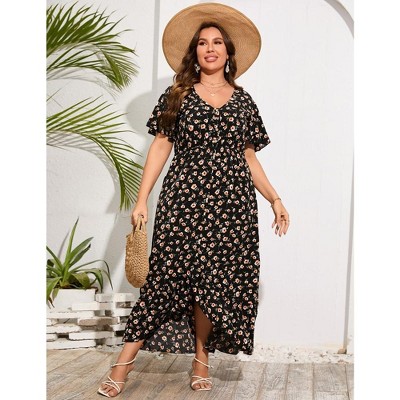 Plus Size Floral Maxi Dress Women Summer Short Sleeve V Neck High Low Dress