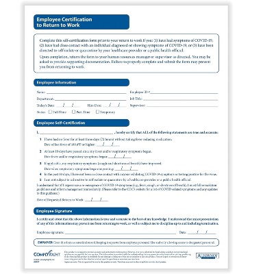 ComplyRight Employee Certification to Return to Work Medical Records Forms A0107PK25