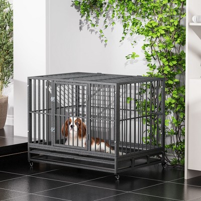 Gray Medium Rolling Steel Dog Crate with Wheels