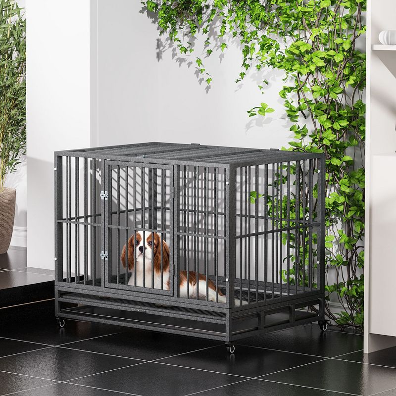 PawHut Heavy Duty Dog Crate Dog cage Kennel with Lockable Wheels, Double Door and Removable Tray, Grey, 3 of 11
