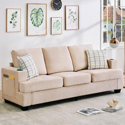 89" Modern 3-Seater Sofa - Deep Chenille Couch with Cup Holders & Storage Pockets, Comfy for Living Room & Apartment
