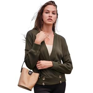 Slickblue Women's Overwrap Long Sleeve Knit Top with Front Button Detail in Olive or Black, Size S-L - 1 of 4