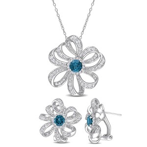 EVERLY JEWELRY | Sterling Silver 4-1/5ct TGW London-Blue and White Topaz 2-Piece Floral Necklace and Earrings Set - 1 of 4