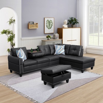 3-Piece L-Shaped Combination Sofa Set, Ginger Semi Pu Synthetic Leather Sofa