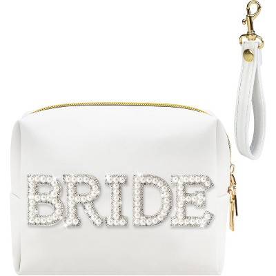 Fmeida BRIDE Patch Makeup Bag Small Makeup Bag for Purse with Pearl Rhinestone Patches White