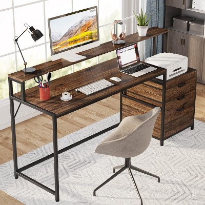 Rustic Brown Adjustable Height Wood Computer Desk with Drawer and Filing Cabinet