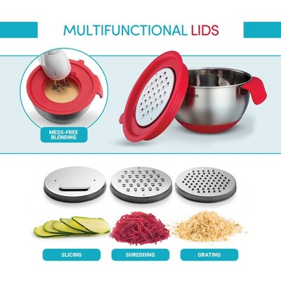 Red Stainless Steel Nesting Mixing Bowl Set with Lids and Graters
