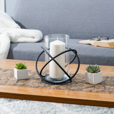 Large Black Iron and Glass Hurricane Candle Holder