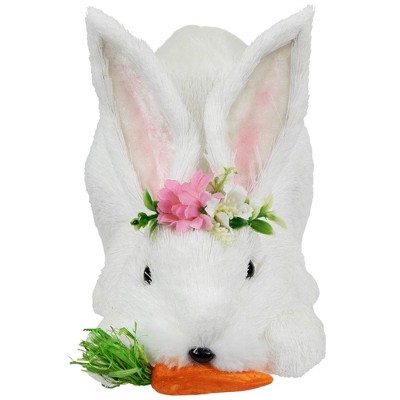 White Plastic Easter Bunny Figurine with Floral Crown and Carrot