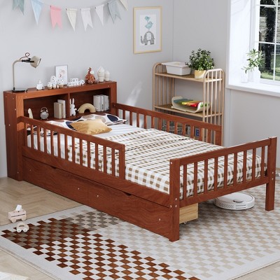 JUJABU Twin Size Bed with Headboard Storage Rack, 2 Under-Bed Drawers & 3-Side Safety Guardrails