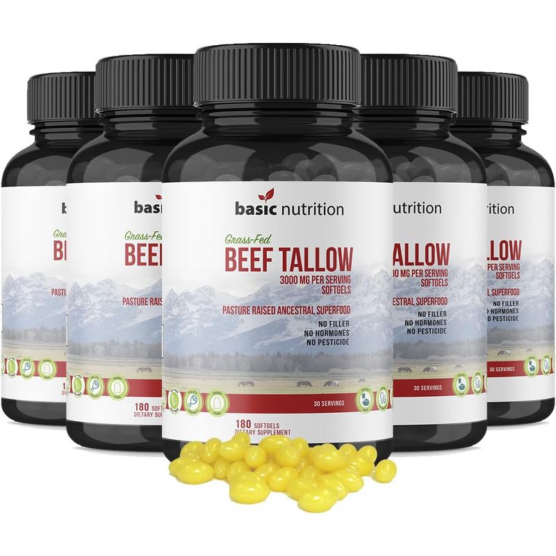 Basic Nutrition Grass-Fed Beef Tallow Dietary Supplement Softgels, Vitamin-Rich Superfood, No Hormones, No Pesticides, For Immune Support, 1 of 8