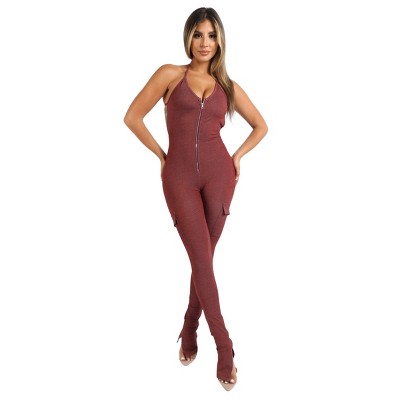 Slickblue Women's Cargo Pocket Halter Jumpsuit - Brick Red, Sleeveless One-Piece Outfit, Size S-L