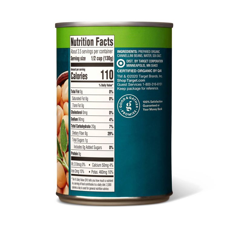A can of organic cannellini beans with a nutrition facts label showing 110 calories per serving and ingredients listed as prepared organic cannellini beans, water, and sea salt.