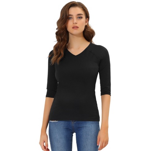 Allegra K Women's Casual Elbow Sleeves Solid Color V Neck T-Shirts Black  X-Large