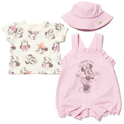Mickey Mouse & Friends Minnie Mouse Newborn Baby Girls French Terry Short Overalls T-Shirt and Hat 3 Piece Outfit Set Pink 6-9 Months