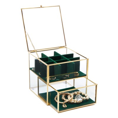 Juvale Clear Glass Jewelry Box with Drawers and Green Velvet Compartments, Gold Display Case, 5.5 x 6.1 Inches