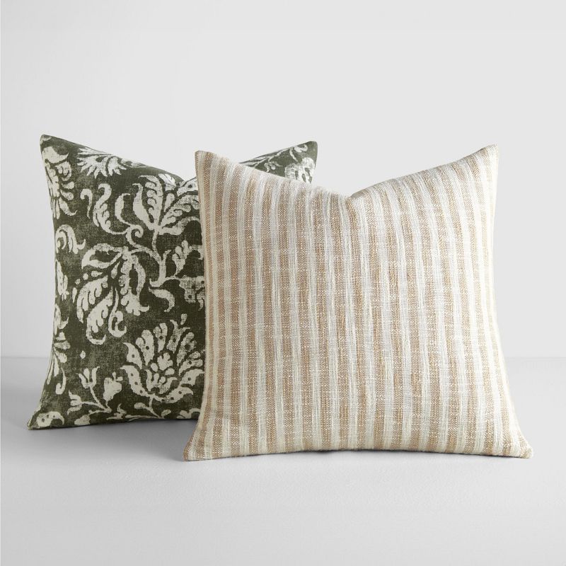 2-Pack Yarn-Dyed Patterns Olive Throw Pillows - Becky Cameron, Olive Yarn-Dyed Bengal Stripe / Distressed Floral, 20 x 20, 1 of 9