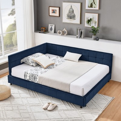 Full Size Upholstered Bed Frame, Velvet Tufted Platform Bed with Armrests and Backrest, No Box Spring Needed - Baofuwish