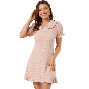Allegra K Women's Ruffle Peter Pan Collar Casual Button-up Checkered Dress - 1 of 4
