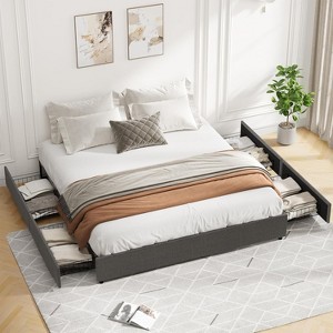 1-Piece Modern Storage Bed - 4 Drawers & Fabric Upholstery, Wood Slats Noise-Free Design, No Box Spring, Dark Grey - 1 of 4