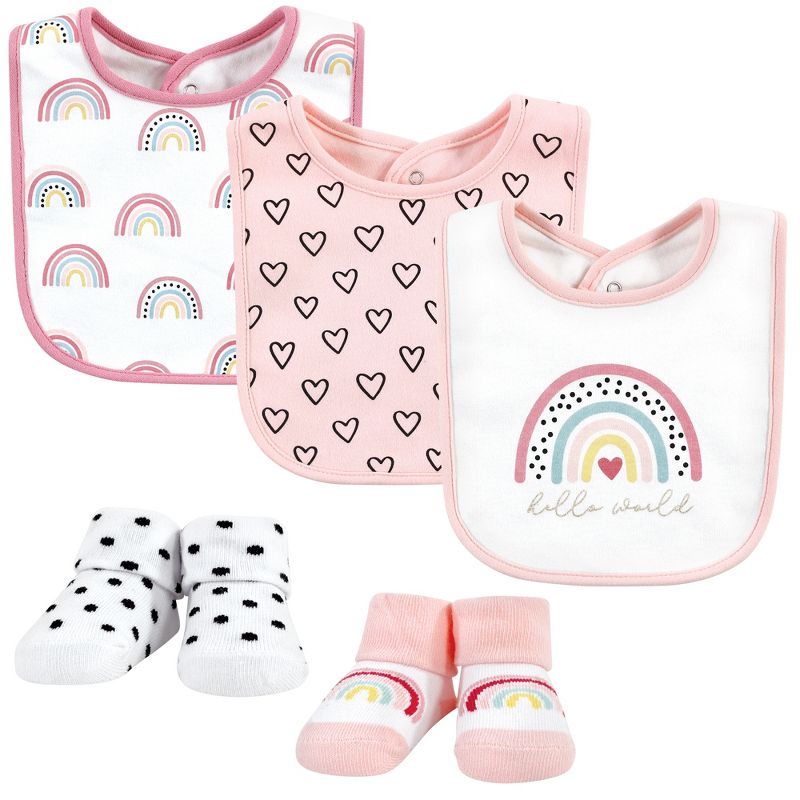 Hudson Baby Infant Girls Cotton Bib and Sock Set, Modern Rainbow, One Size, 1 of 6