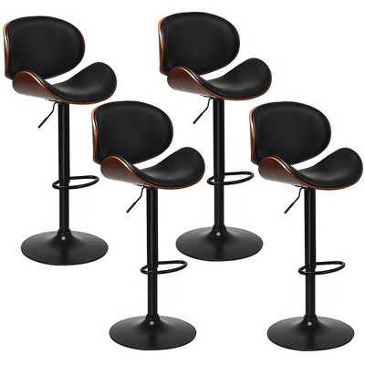 Tangkula Set of 4 Bentwood Barstool Mid-Century Adjustable Swivel PU Leather Curved Back