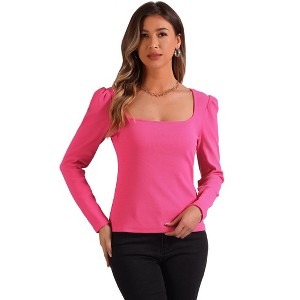 Allegra K Women's Square Neck Long Sleeves Ribbed Knit Casual Basic Tops - 1 of 4
