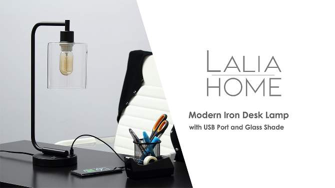 Modern Iron Desk Lamp with USB Port and Glass Shade - Lalia Home, 2 of 13, play video