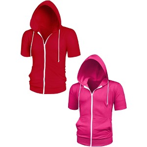 Lars Amadeus Men's Solid Color Zipper Short Sleeves Hoodies Sweatshirt 2 Packs - 1 of 4