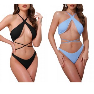 INSPIRE CHIC Women's Criss Cross Backless Ribbed Strappy Top Triangle Bottom Swimwear Bikini Suits 2 Sets - 1 of 4