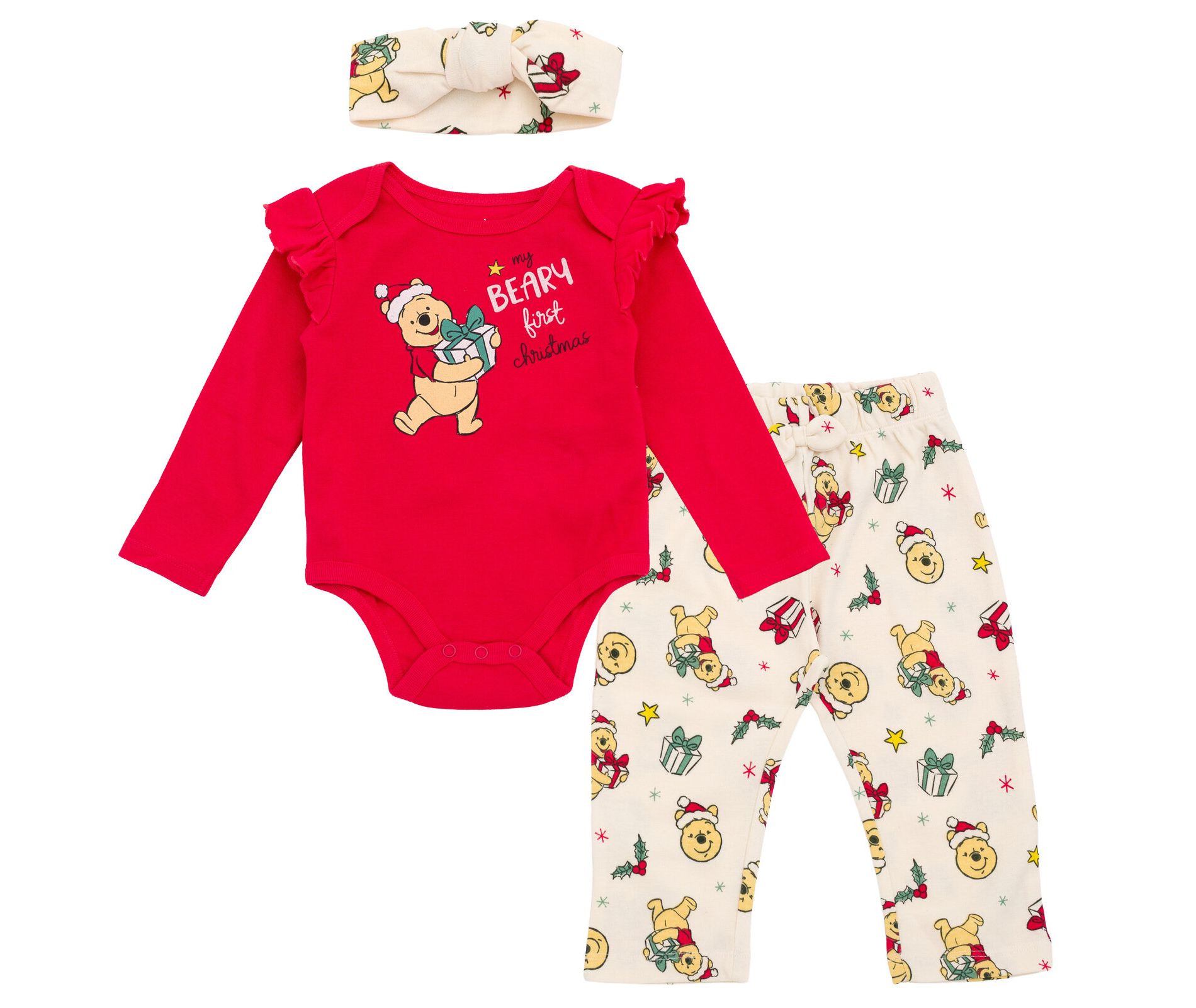 Disney Christmas Baby Girls Bodysuit, Pants and Headband 3 Piece Outfit Set Newborn to Infant