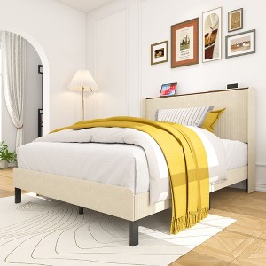 Okak Minimalist Style All Size Bedroom Platform Bed Frame with Velvet Fabric Headboard,Modern Soft Bed No Box Spring Needed - 1 of 4