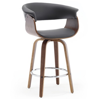 Bekrvio 26" Mid Century Modern Swivel Counter Height Bar Stools - PU Leather Upholstered with Back, Walnut Bent Wood Legs for Kitchen Island Dining