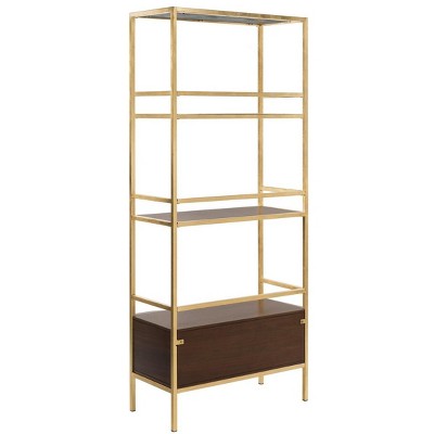 Mateo Gold and Walnut 4-Tier Etagere with Drawer