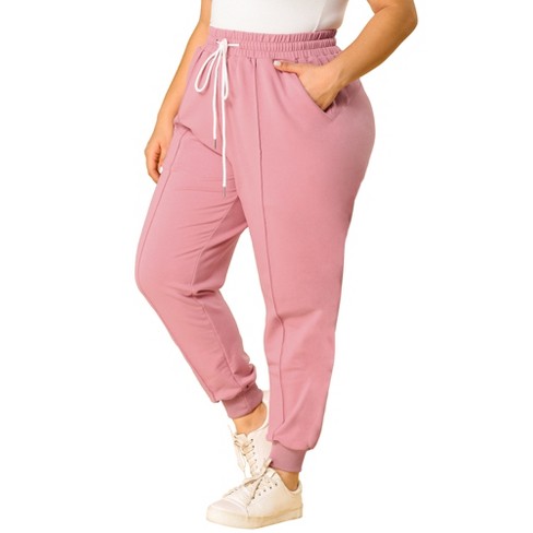 Agnes Orinda Women's Plus Size Skinny Drawstring Elastic Waist Contrast  Color Comfort Athletic Jogger Pants Pink 3X