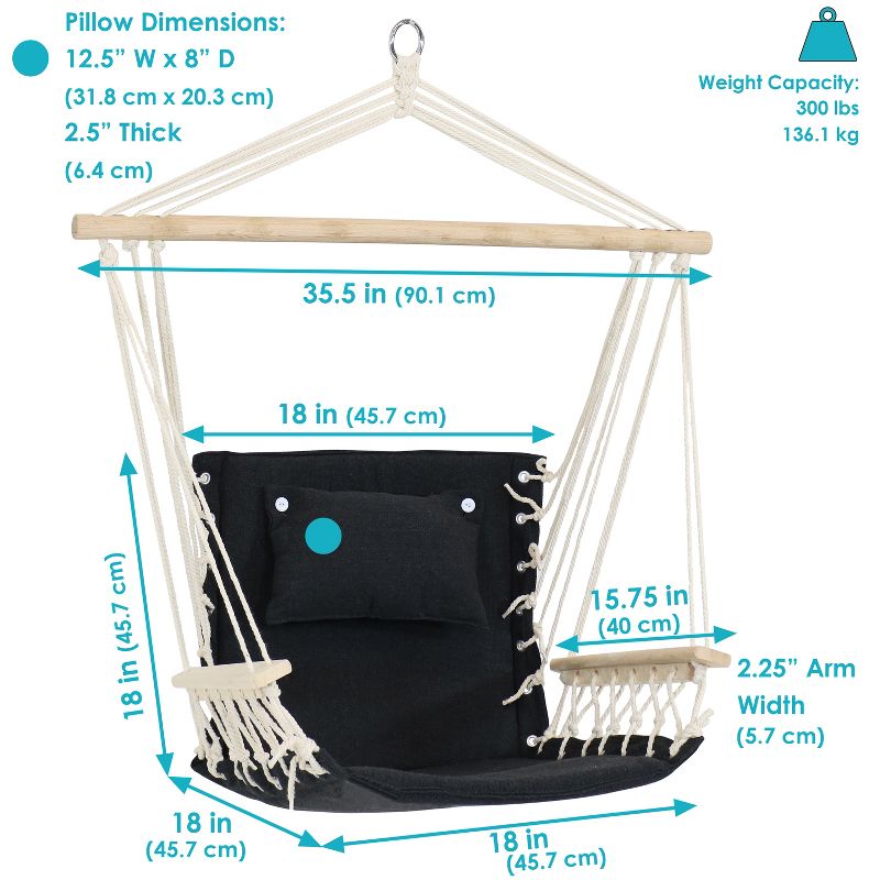 Sunnydaze Outdoor Hanging Polycotton Hammock Chair with Armrests and Hardwood Spreader Bar - 300 lb Weight Capacity - Storm, 5 of 14