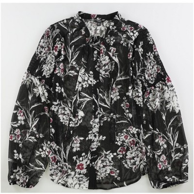 GUESS Womens Tie-Neck Floral Button Down Blouse, Black, X-Small