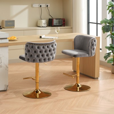 A&A Furniture,Swivel Barstools Adjusatble Seat Height With Gold-plating Base, Classic Velvet Upholstered Bar Stools ， Set of 2